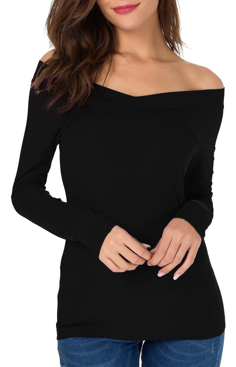 Sarin Mathews Womens Off The Shoulder Long Sleeve Tops Slim Fit Blouse Shirts Black XS - Image 1